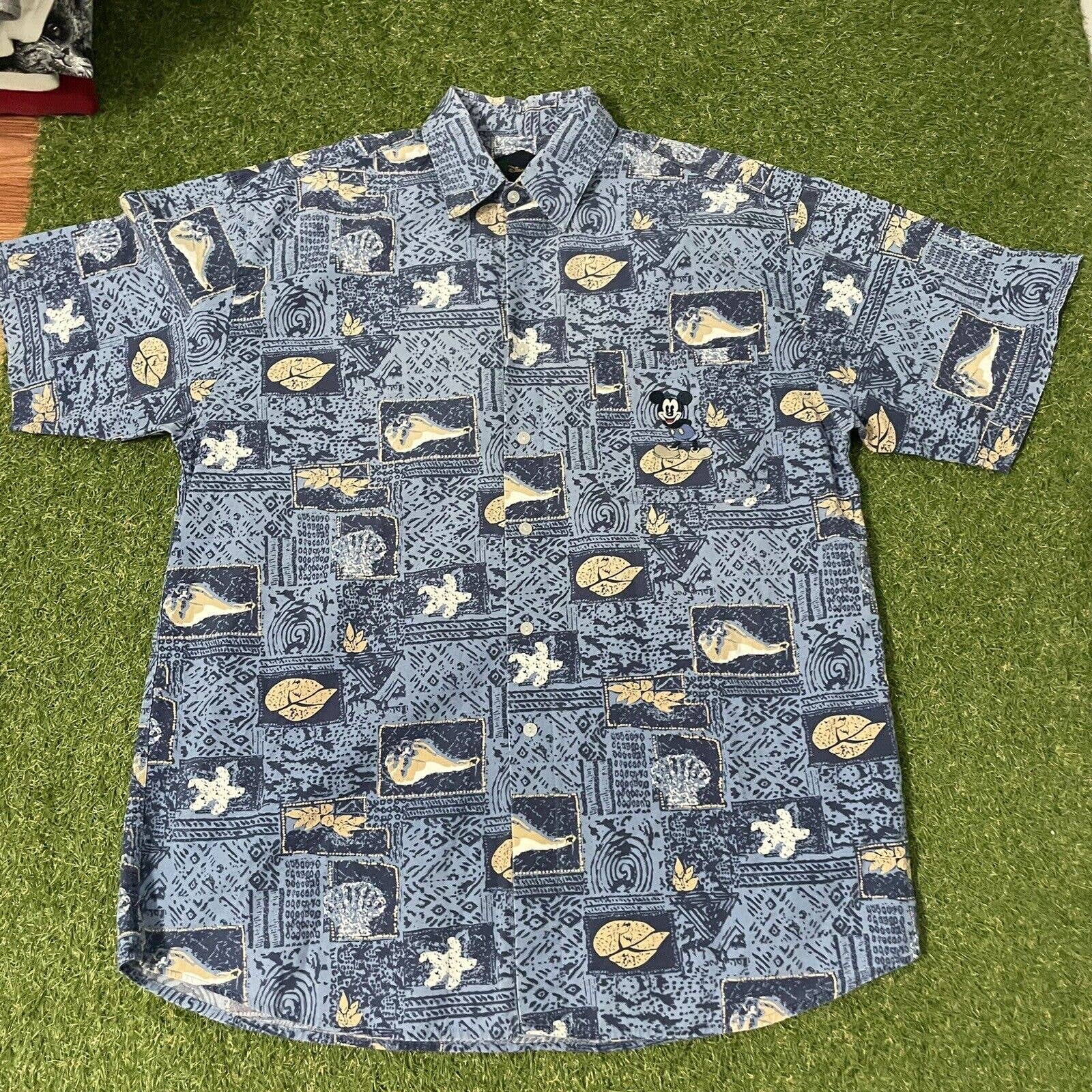 Rare Walt Disney World Store Hawaiian Shirt Size Large L Blue Mickey Shells Blue